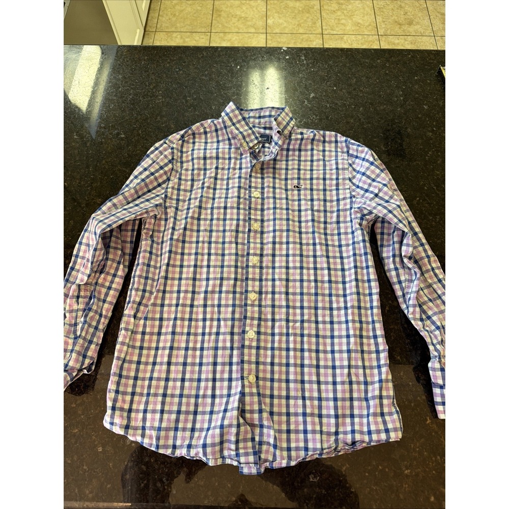 Vineyard Vines Whale Shirt Youth L Sz 16 Purple Check‎ Gingham Button Up Down
